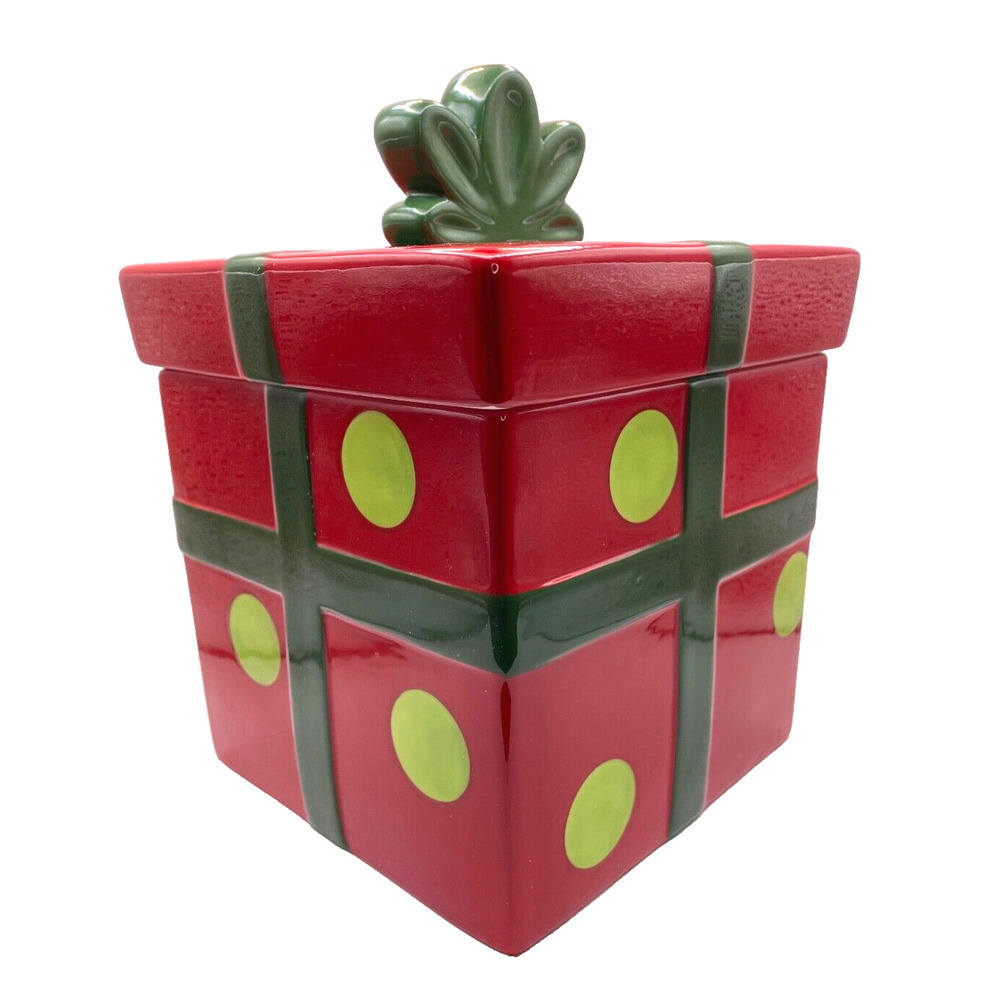 Crafty Christmas Collection Red Ceramic Box With Green Polka dot and Ribbon Jar